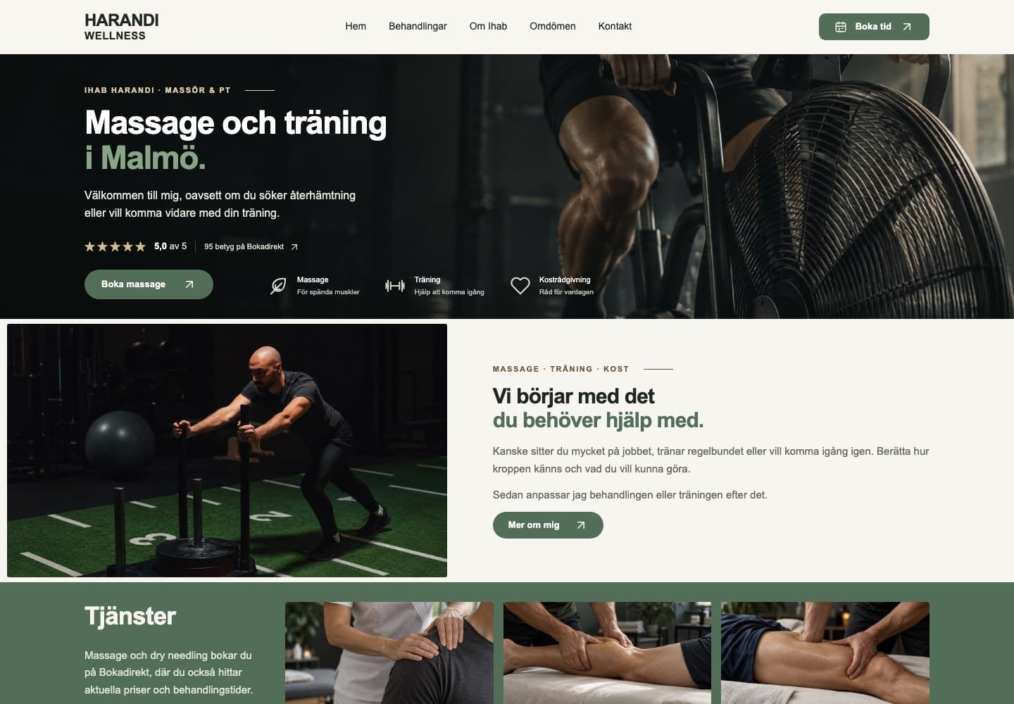 Harandi Wellness hemsida med presentation av massage och träning i Malmö och länk till bokning