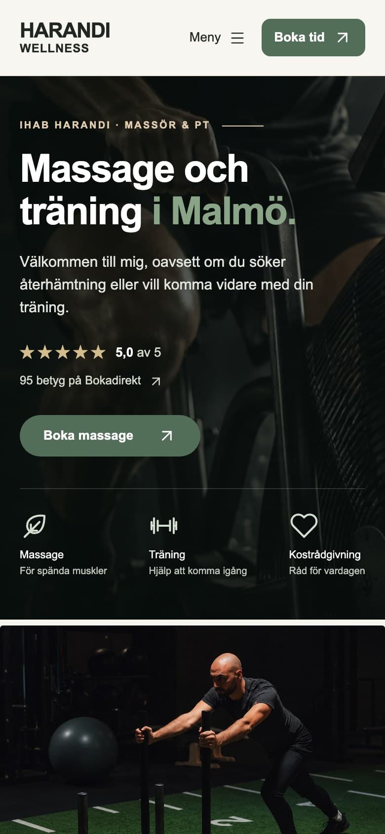 Harandi Wellness mobilversion med meny och bokningsknapp